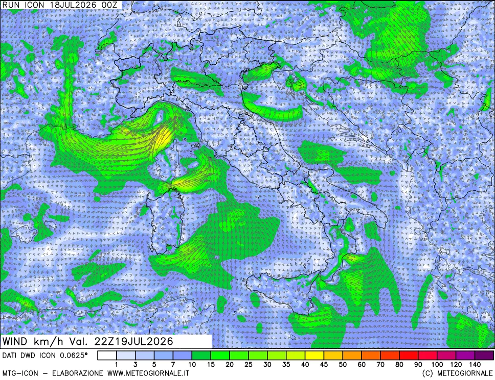 mappa 10 m Vento forza e direzione