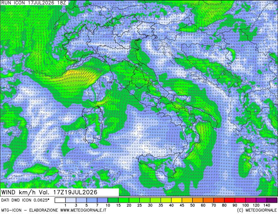 mappa 10 m Vento forza e direzione