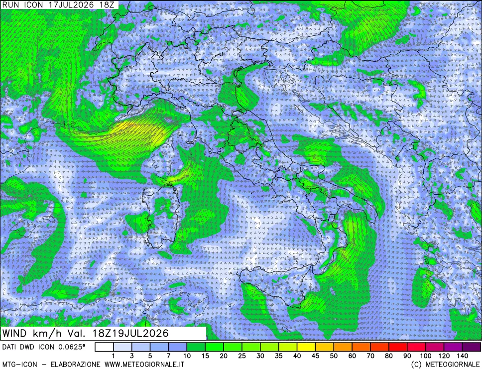 mappa 10 m Vento forza e direzione