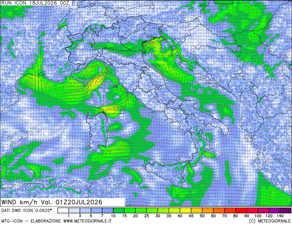 mappa 10 m Vento forza e direzione