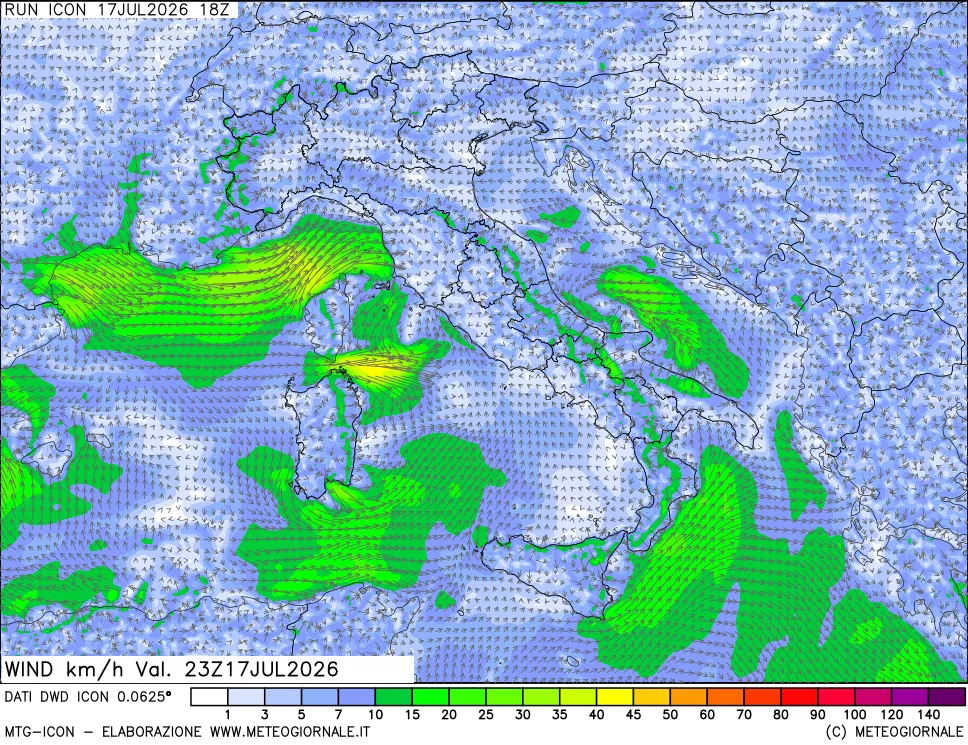 mappa 10 m Vento forza e direzione