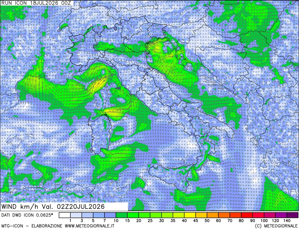 mappa 10 m Vento forza e direzione