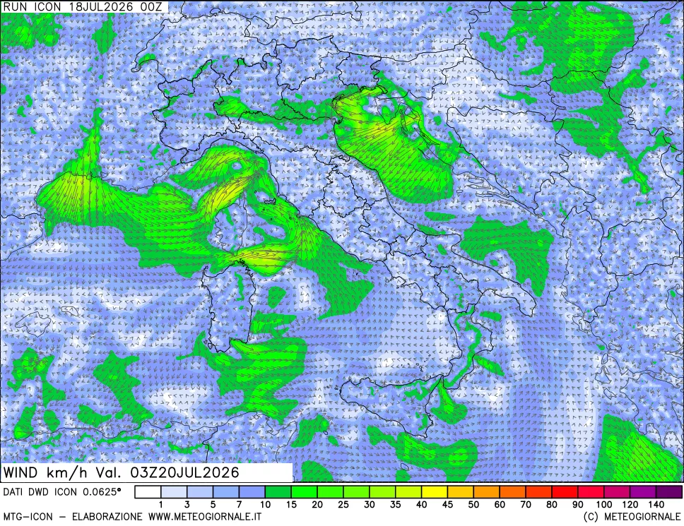 mappa 10 m Vento forza e direzione