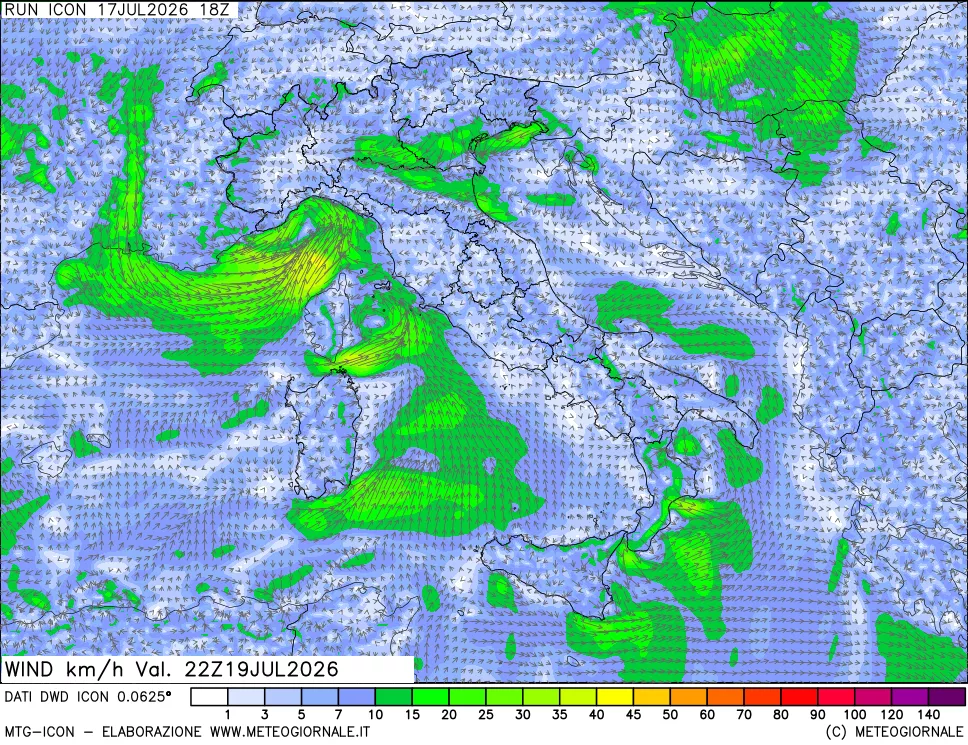 mappa 10 m Vento forza e direzione