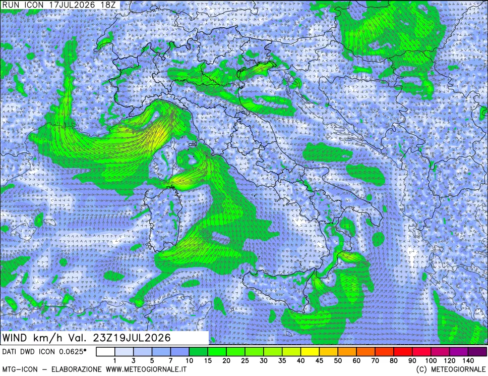 mappa 10 m Vento forza e direzione