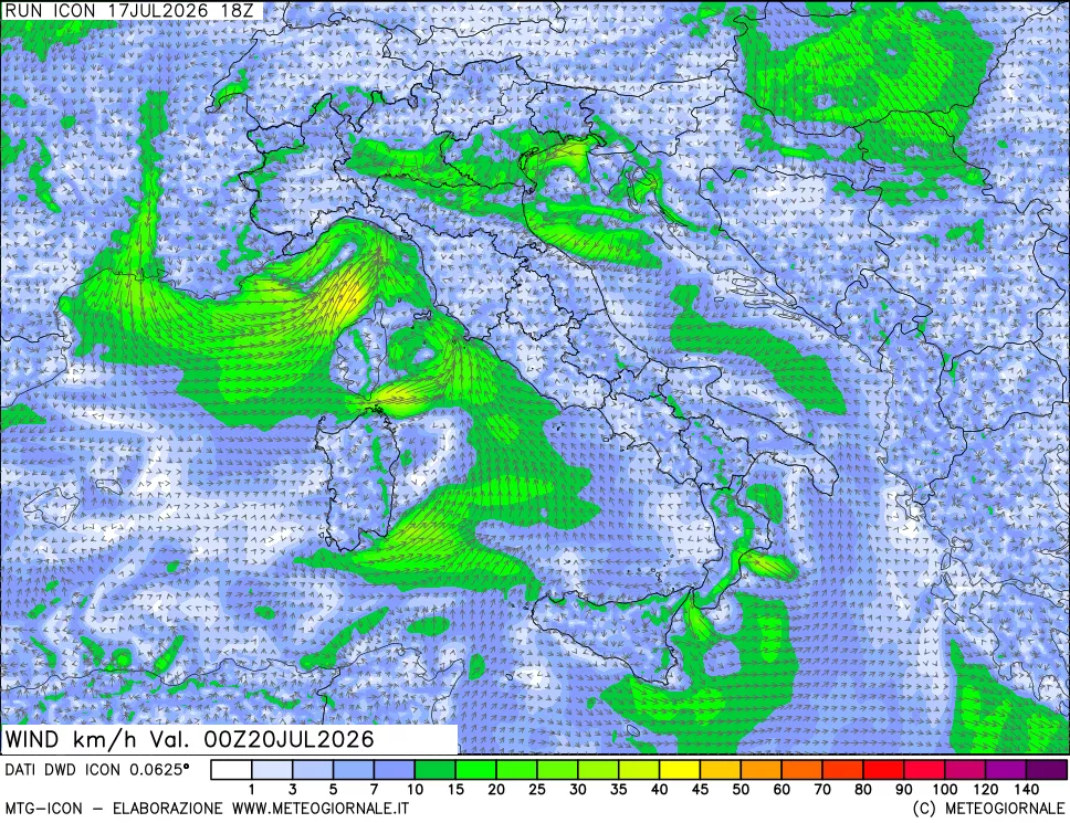mappa 10 m Vento forza e direzione