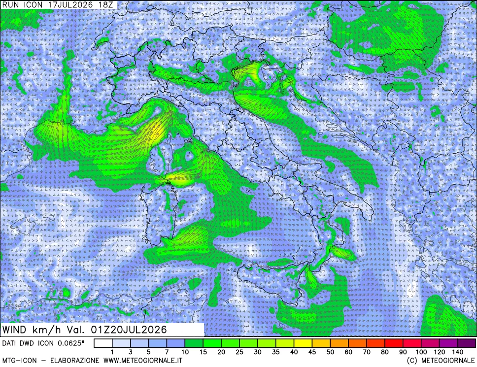 mappa 10 m Vento forza e direzione