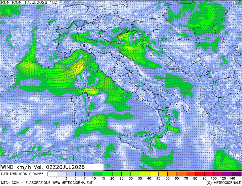 mappa 10 m Vento forza e direzione