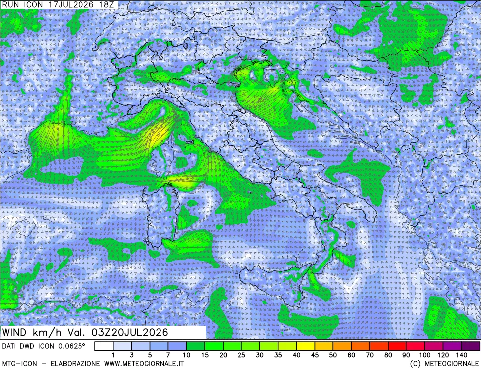 mappa 10 m Vento forza e direzione