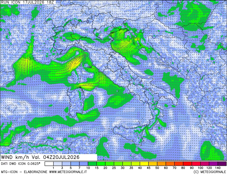 mappa 10 m Vento forza e direzione