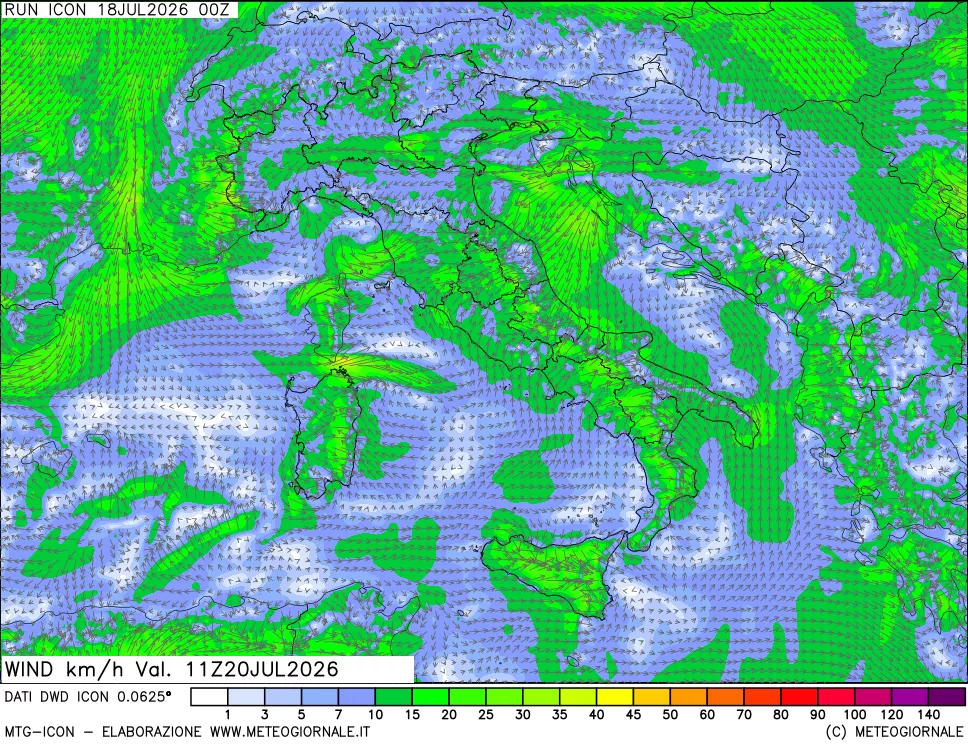 mappa 10 m Vento forza e direzione