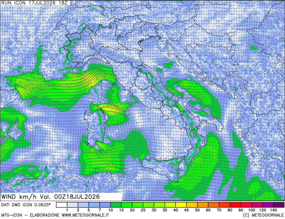 mappa 10 m Vento forza e direzione