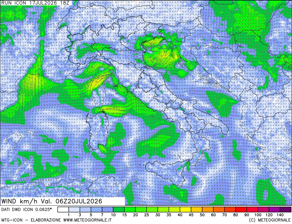 mappa 10 m Vento forza e direzione