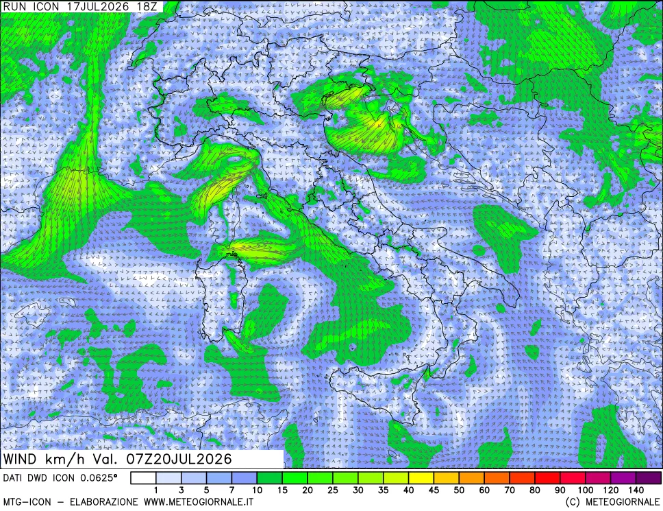 mappa 10 m Vento forza e direzione