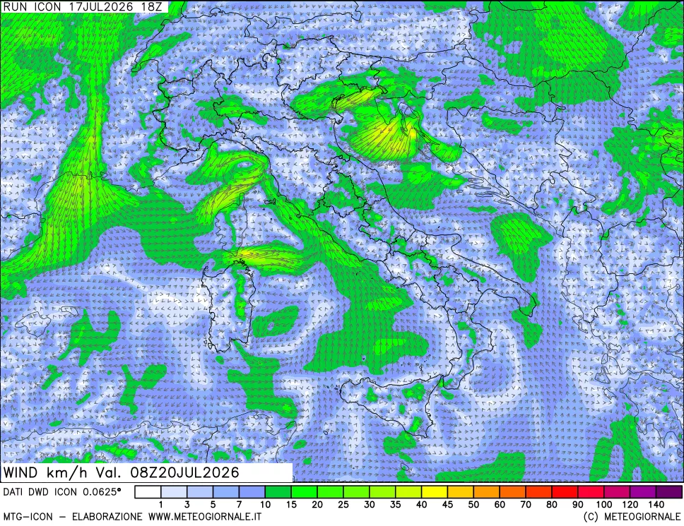 mappa 10 m Vento forza e direzione