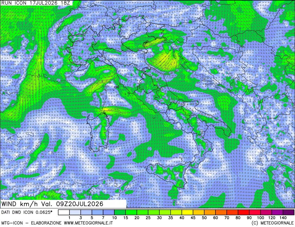 mappa 10 m Vento forza e direzione