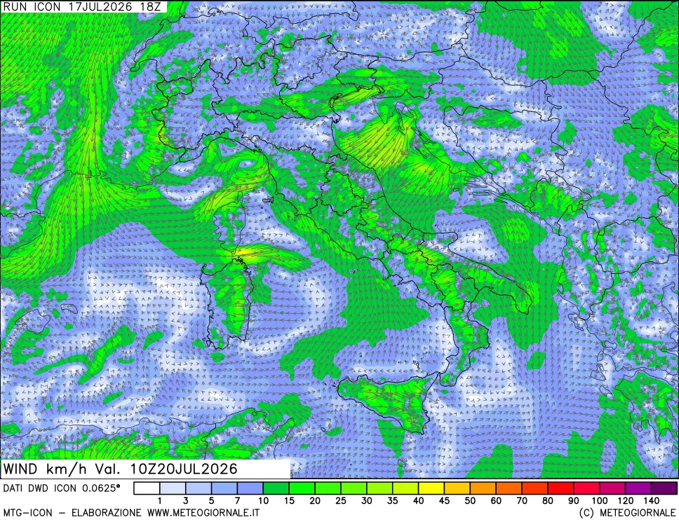 mappa 10 m Vento forza e direzione
