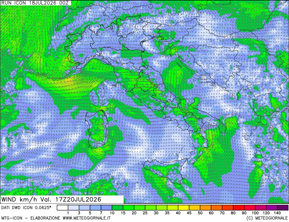 mappa 10 m Vento forza e direzione