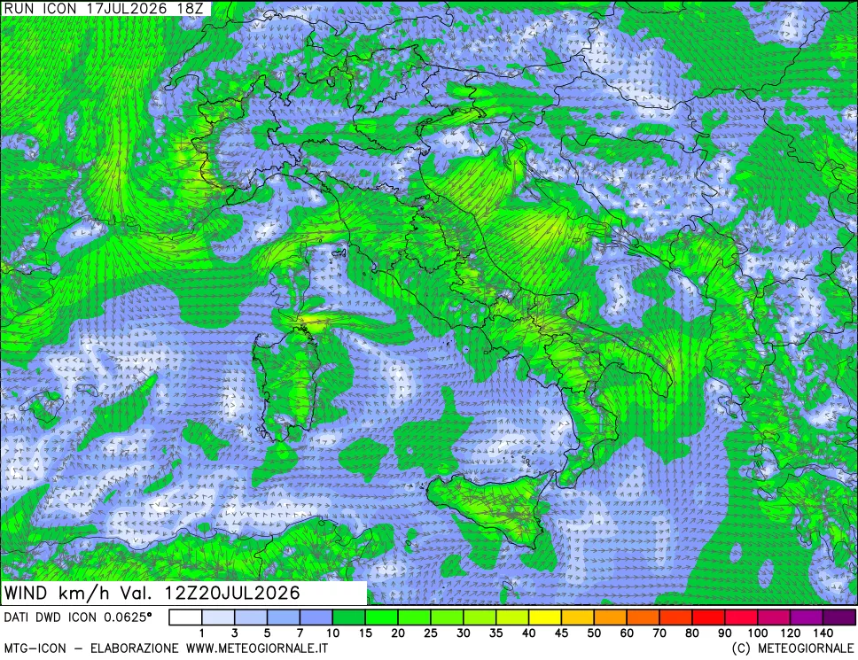 mappa 10 m Vento forza e direzione