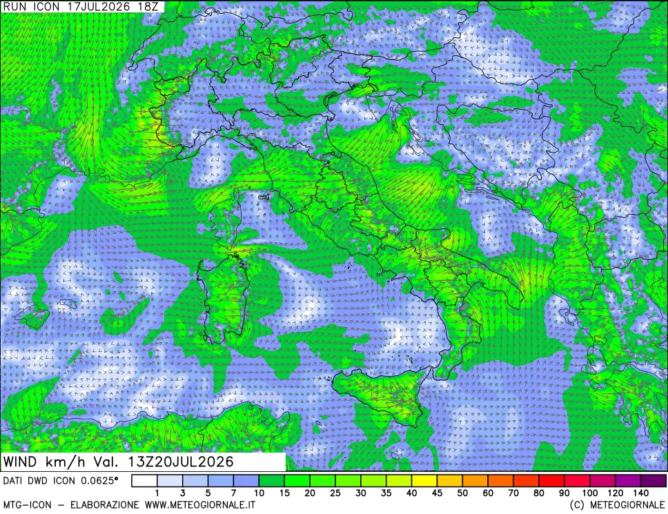 mappa 10 m Vento forza e direzione