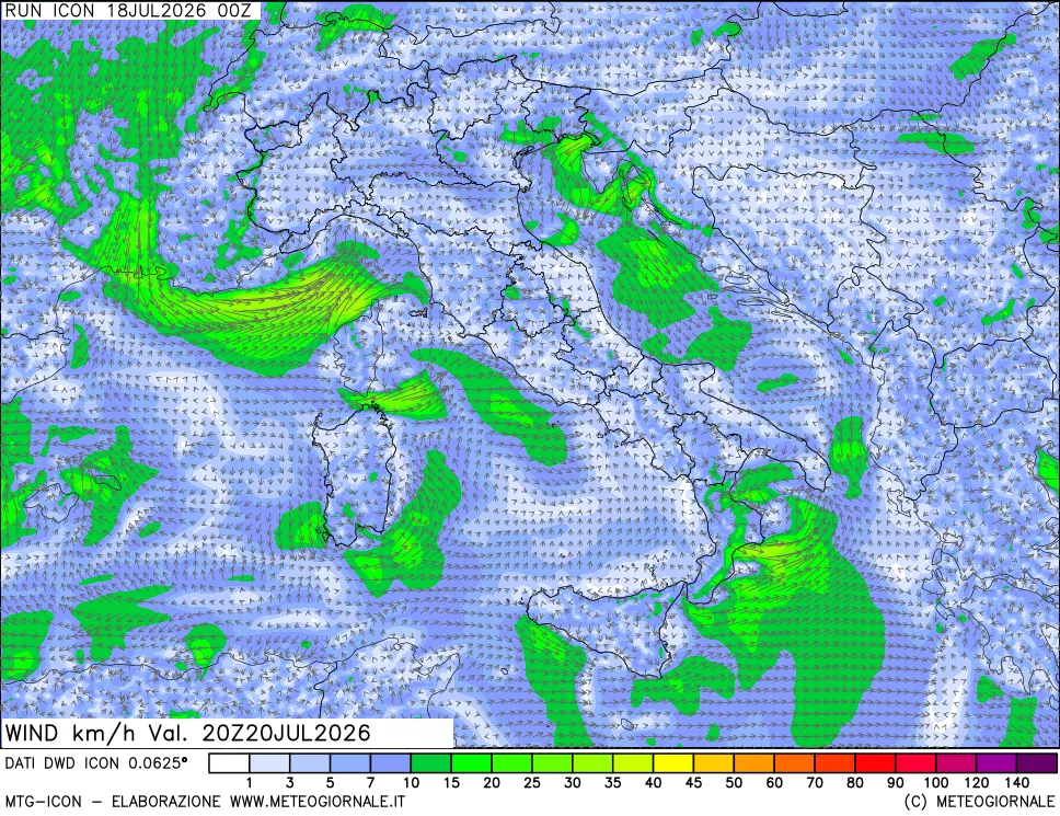 mappa 10 m Vento forza e direzione
