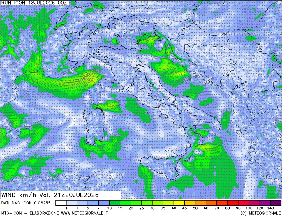 mappa 10 m Vento forza e direzione
