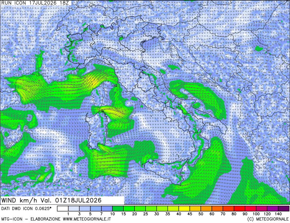 mappa 10 m Vento forza e direzione