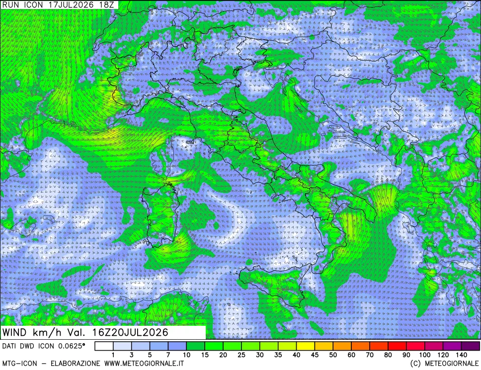 mappa 10 m Vento forza e direzione