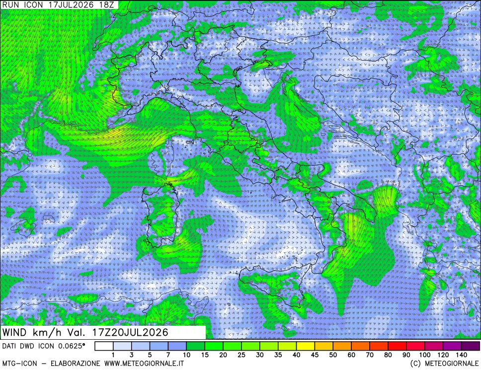 mappa 10 m Vento forza e direzione