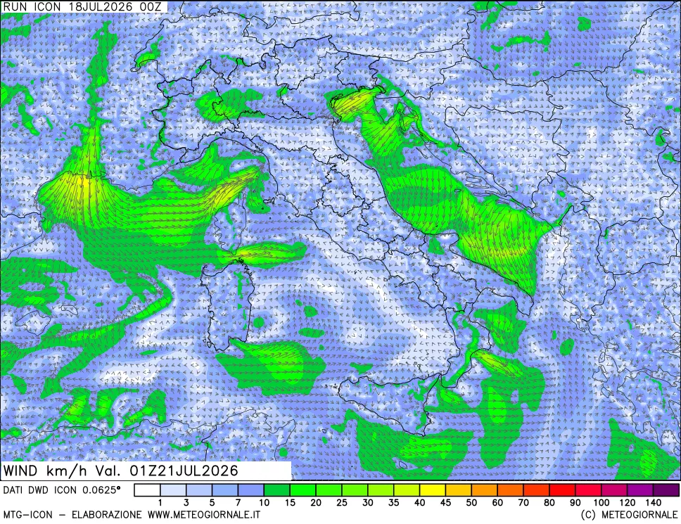 mappa 10 m Vento forza e direzione