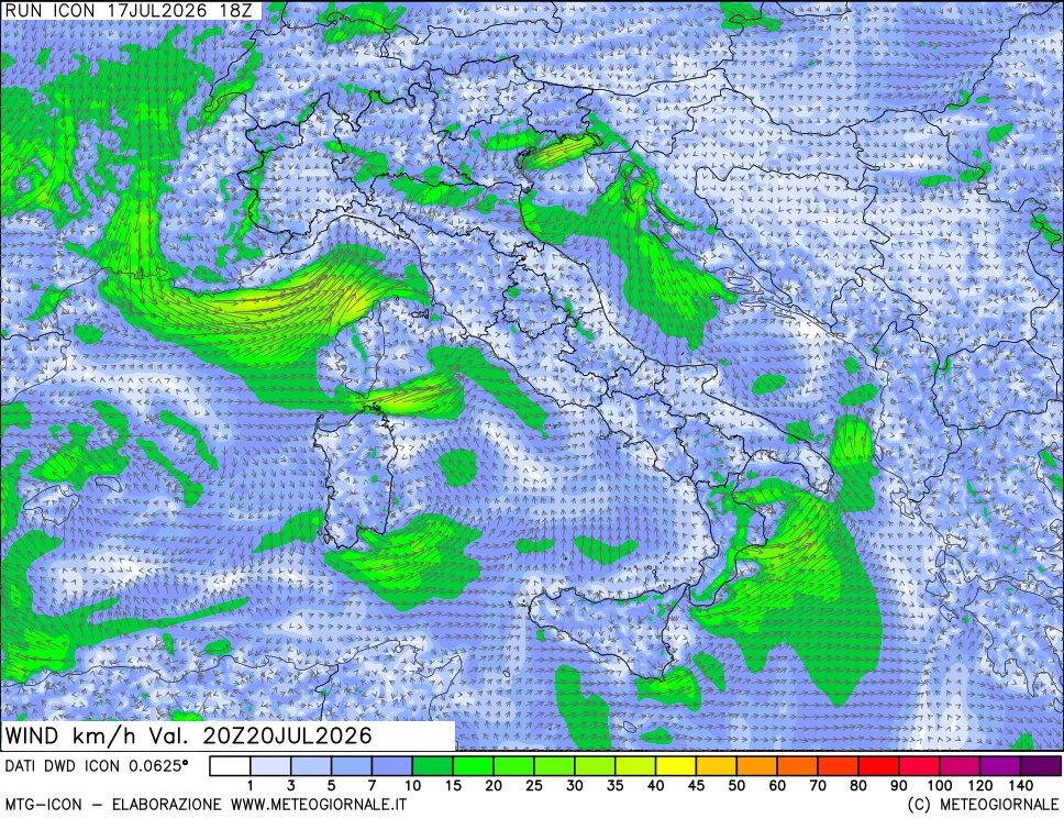 mappa 10 m Vento forza e direzione