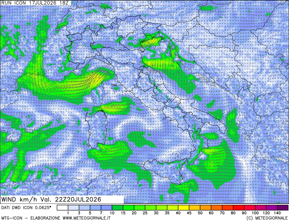 mappa 10 m Vento forza e direzione