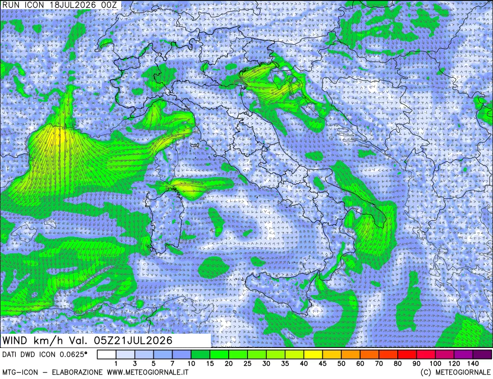 mappa 10 m Vento forza e direzione