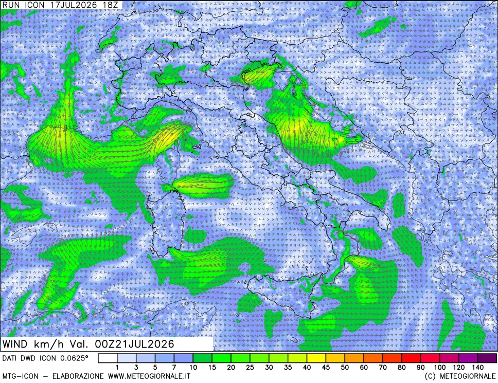 mappa 10 m Vento forza e direzione