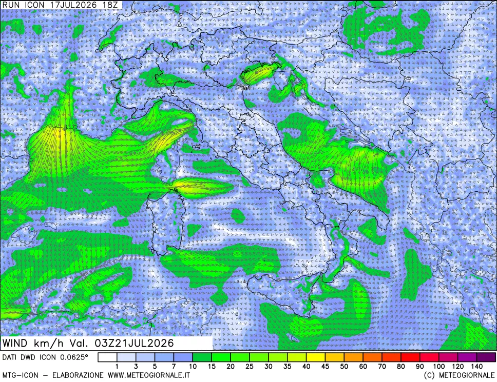 mappa 10 m Vento forza e direzione