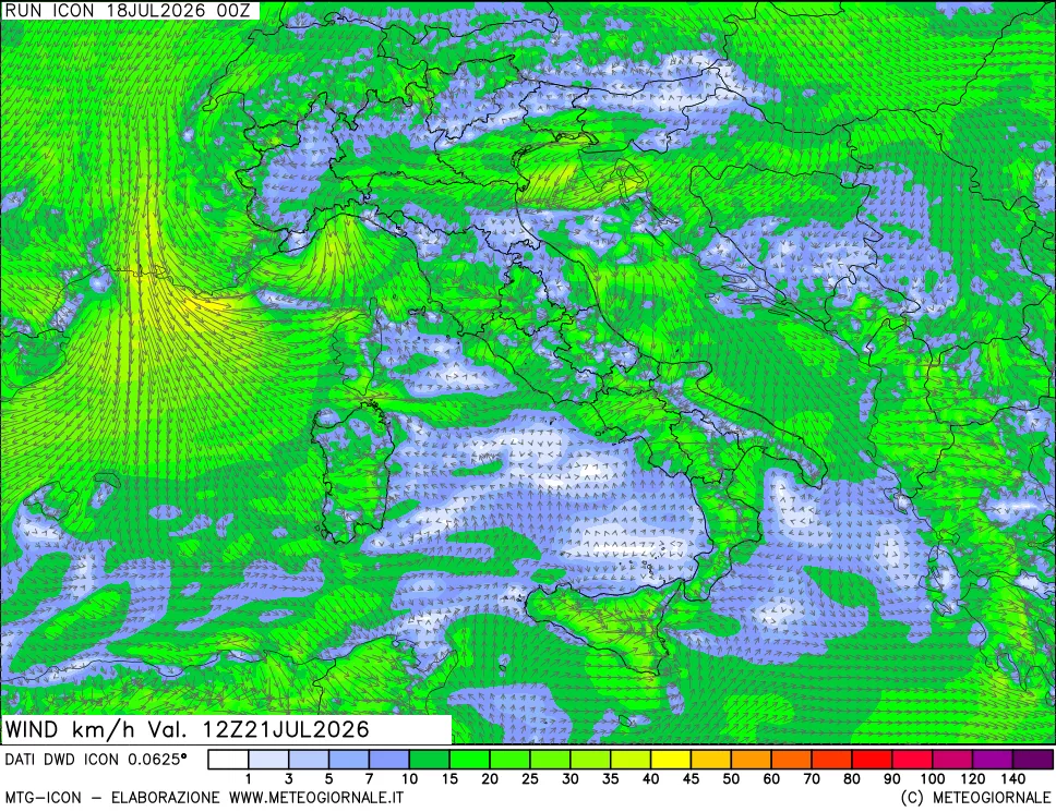 mappa 10 m Vento forza e direzione