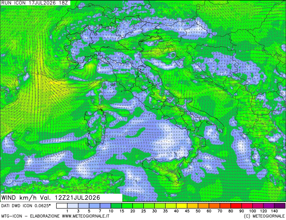 mappa 10 m Vento forza e direzione