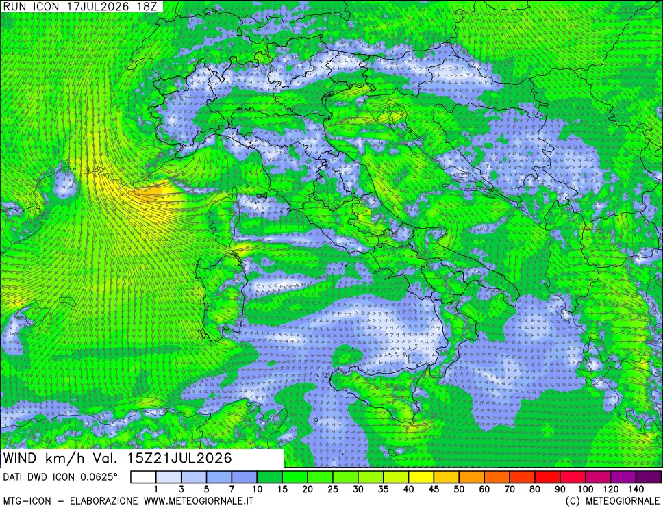 mappa 10 m Vento forza e direzione