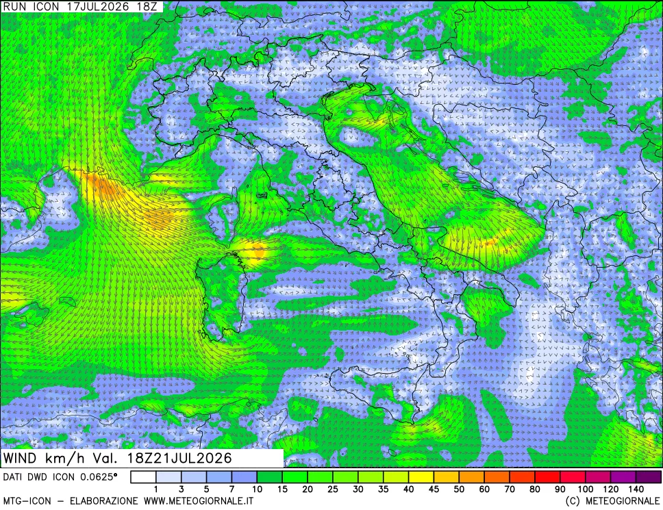 mappa 10 m Vento forza e direzione
