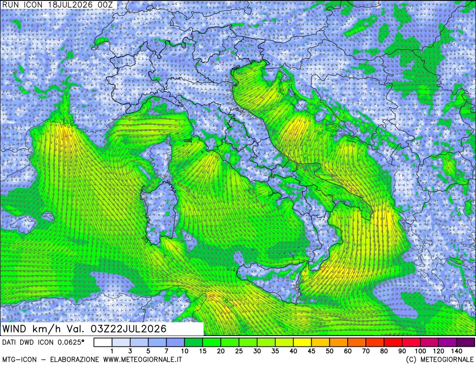 mappa 10 m Vento forza e direzione