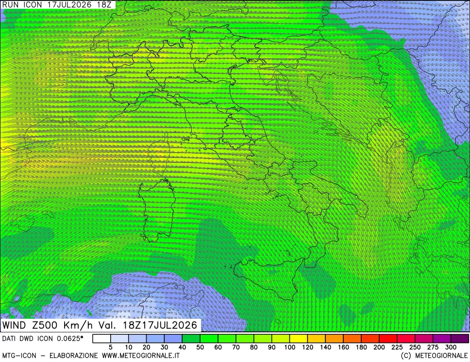 mappa 500 hPa Vento forza e direzione