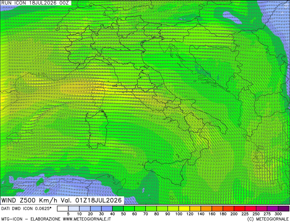 mappa 500 hPa Vento forza e direzione