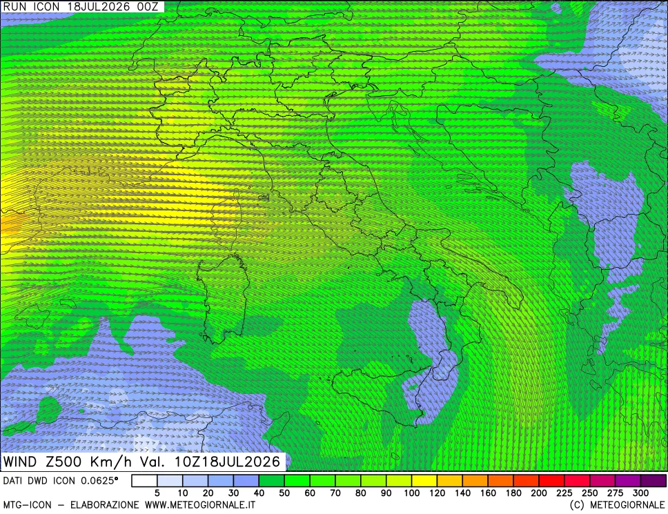 mappa 500 hPa Vento forza e direzione