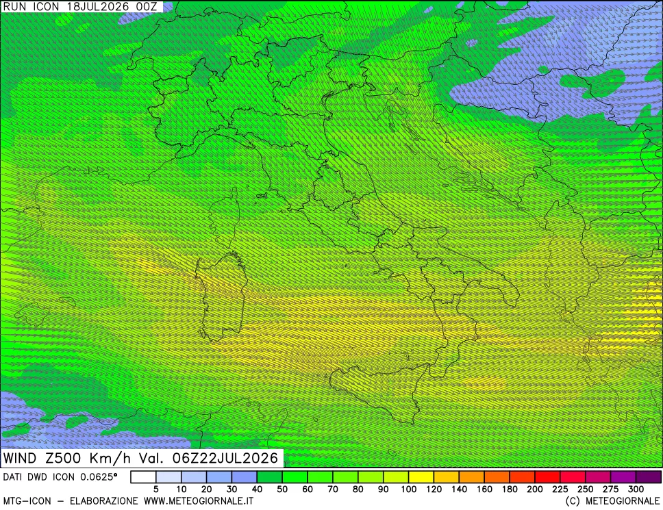 mappa 500 hPa Vento forza e direzione