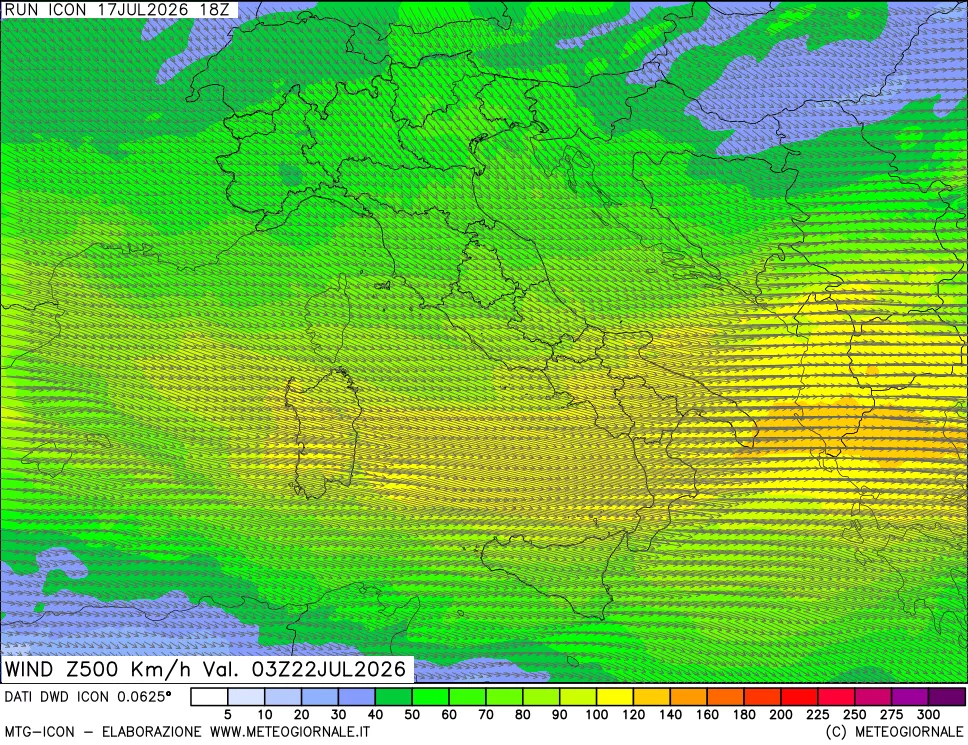 mappa 500 hPa Vento forza e direzione