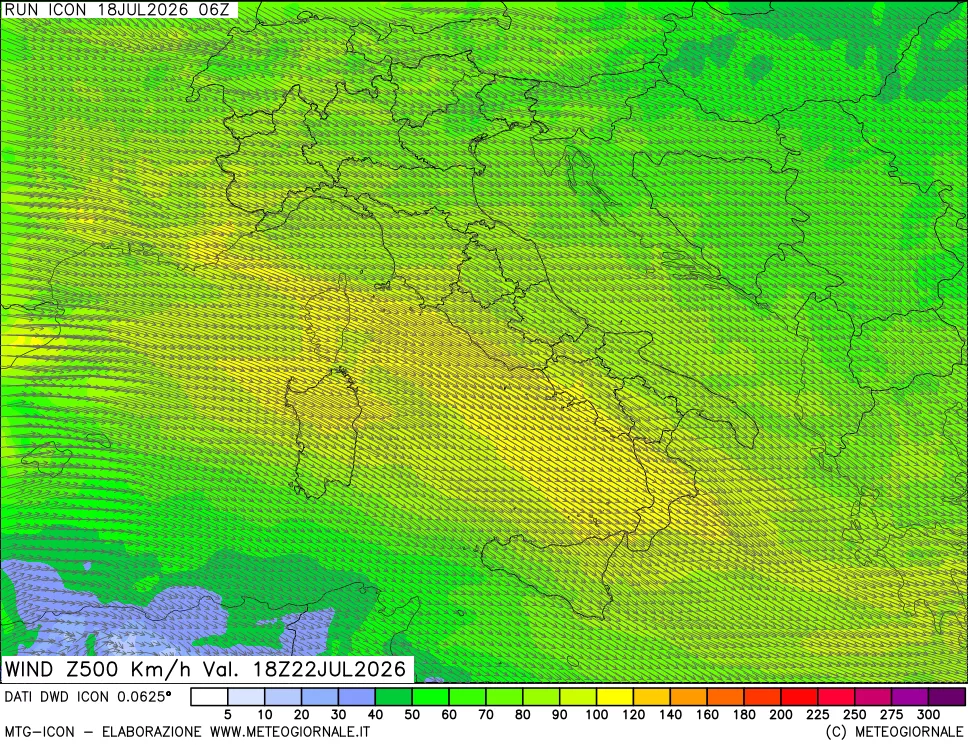 mappa 500 hPa Vento forza e direzione