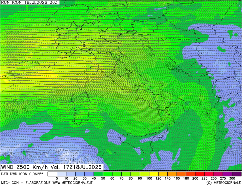 mappa 500 hPa Vento forza e direzione