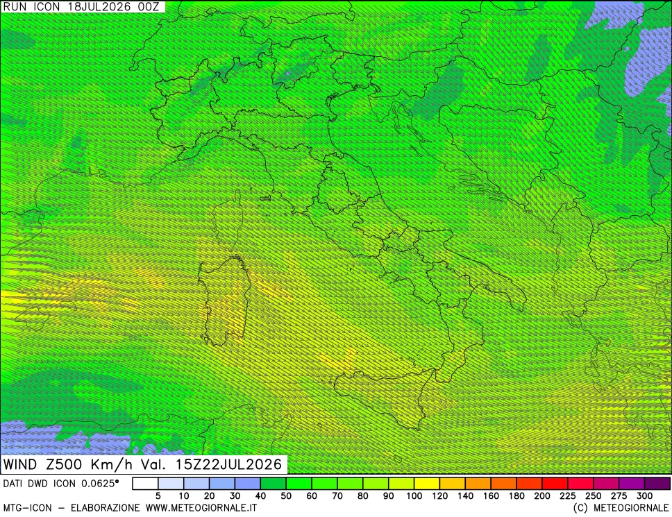 mappa 500 hPa Vento forza e direzione