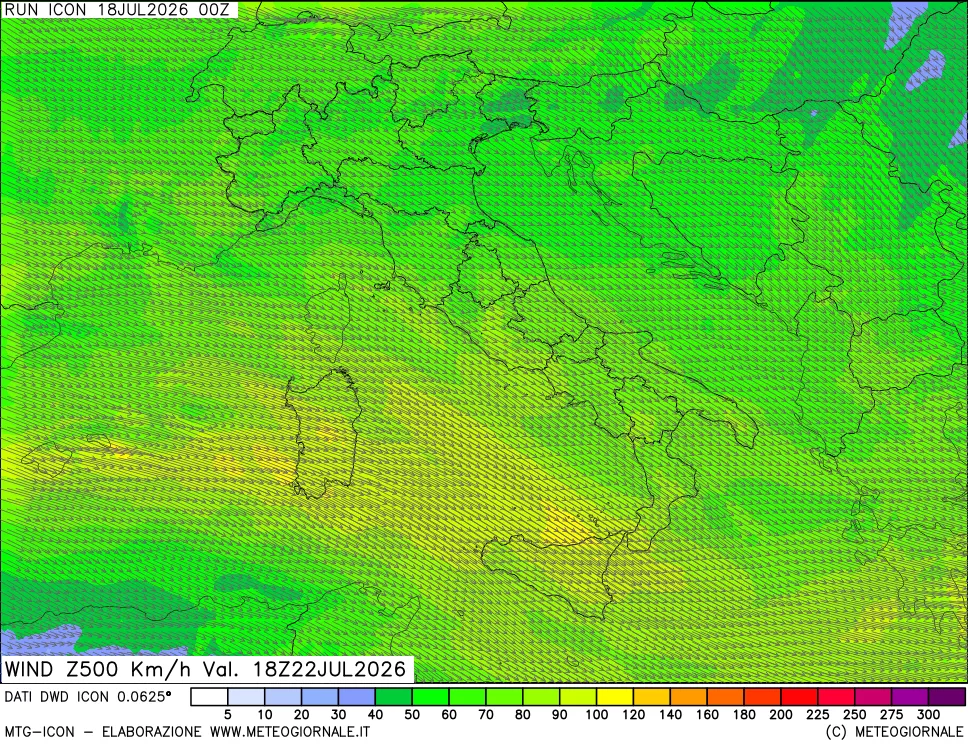 mappa 500 hPa Vento forza e direzione