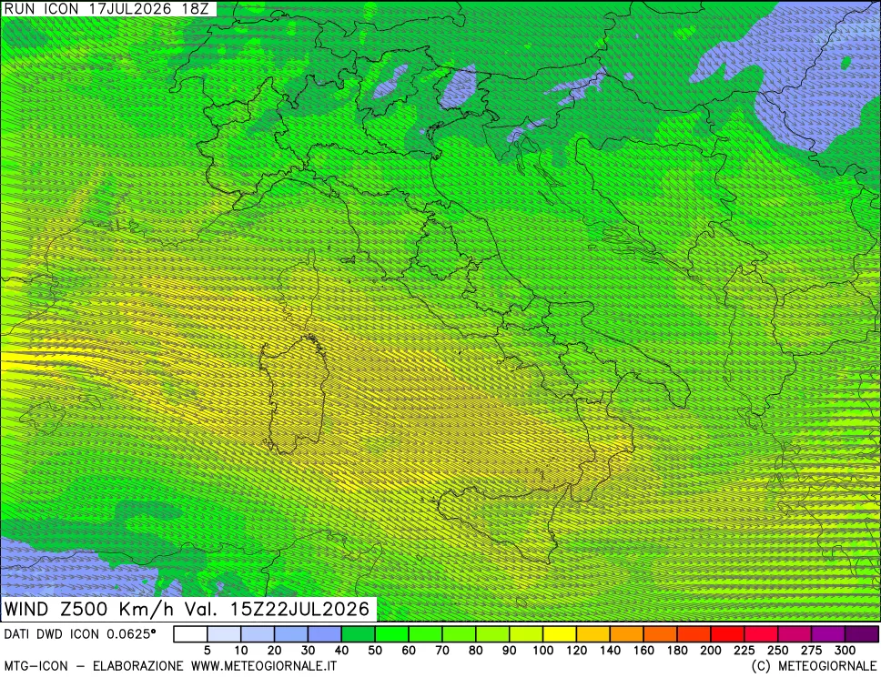 mappa 500 hPa Vento forza e direzione